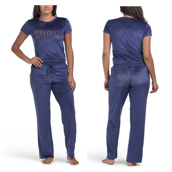 🔹️Juicy Couture 🔹 Short Sleeve Royal Navy Velvet Fleece Rhinestone Lounge  Set - Picture 1 of 3